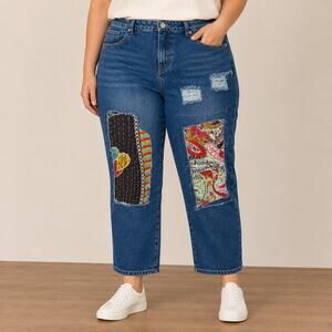 POL Patchwork Distressed Straight Leg Jeans Boho Artisan Denim Size L
